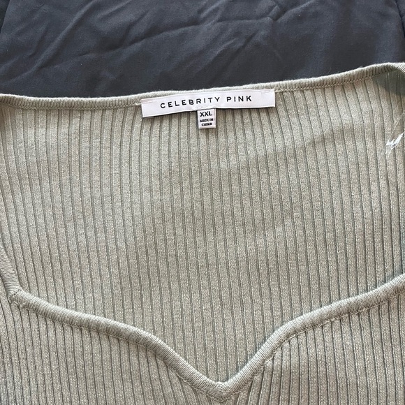 Celebrity Pink Ribbed V-Neck Top in Light Green - Picture 2 of 5